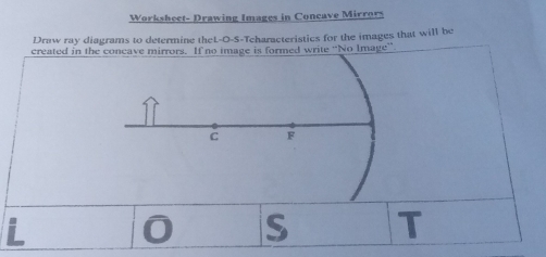 Workshect- Drawing Images in Concave Mirrors 
Draw ray diagrams to determine theL-O-S-Tcharacteristics for the images that will be 
created in the concave mirrors. If no image is formed write ''No Image''
C F 
L 
S T