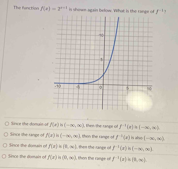 The function f(x)=2^(x+1) is shown again below. What is the range of f^(-1) ?
Since the domain of f(x) is (-∈fty ,∈fty ) , then the range of f^(-1)(x) is (-∈fty ,∈fty ).
Since the range of f(x) is (-∈fty ,∈fty ) , then the range of f^(-1)(x) is also (-∈fty ,∈fty ).
Since the domain of f(x) is (0,∈fty ) , then the range of f^(-1)(x) is (-∈fty ,∈fty ).
Since the domain of f(x) is (0,∈fty ) , then the range of f^(-1)(x) is (0,∈fty ).