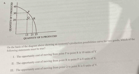 On the basis of the diagram above showing an economy's production possibilities curve for two goods, which of the
following statements must be true?
I. The opportunity cost of moving from point P to point R is 10 units of Y.
II. The opportunity cost of moving from point R to point P is 8 units of X.
III. The opportunity cost of moving from point Q to point R is 0 units of Y.