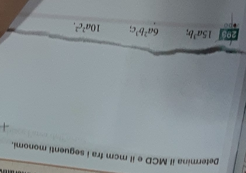 Determina il MCD e il mcm fra i seguenti monomi. 
1 
293 15a^3b; 6a^2b^3c; 10a^2c^2.