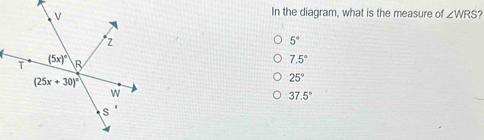 In the diagram, what is the measure of ∠ WRS
5°
7.5°
25°
37.5°