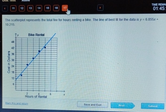 Onit fest Active 
4 11 12 13 14 15 16 17 TIME REMAI 01:45: 
The scatterplot represents the total fee for hours renting a bike. The line of best fit for the data is y=6.855x+
10.215. 
e 
Mark this and return Save and Exit Next Submit