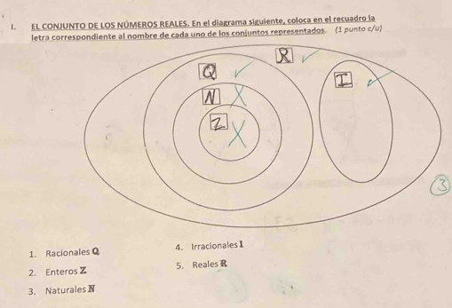 EL CONJUNTO DE LOS NÚMEROS REALES. En el diagrama siguiente, coloca en el recuadro la 
letra correspondiente al nombre de cada uno de los conjuntos representados. (1 punto c/u) 
1. Racionales Q 4. Irracionales1 
2. Enteros Z 5. Reales R 
3. Naturales N