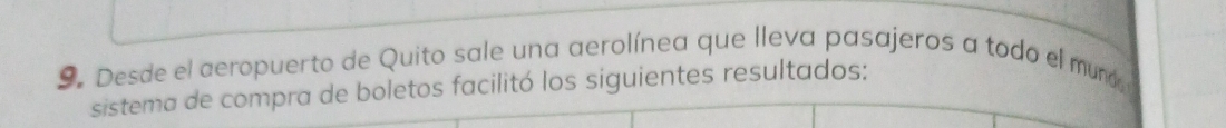 Desde el aeropuerto de Quito sale una aerolínea que lleva pasajeros a todo el mund 
sistema de compra de boletos facilitó los siguientes resultados: