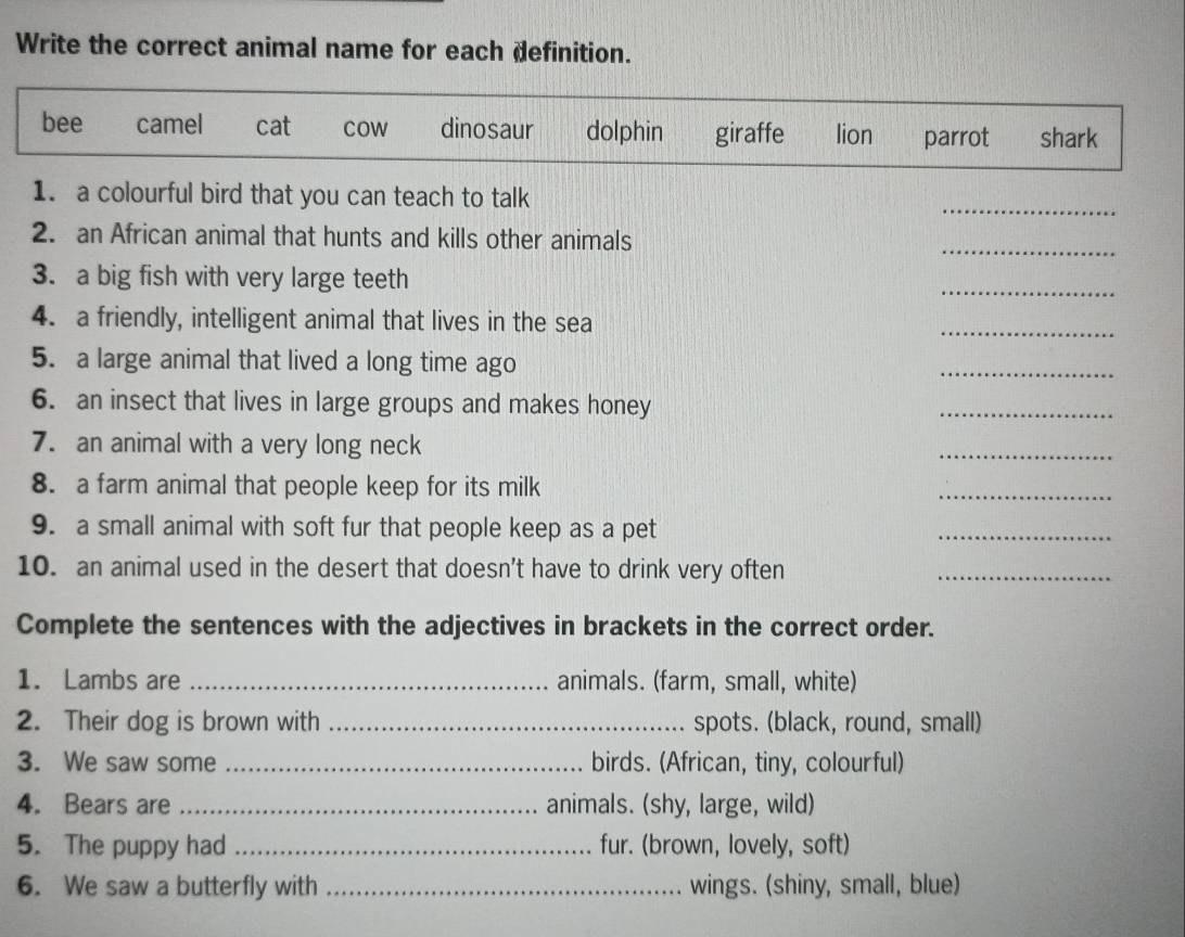 Write the correct animal name for each definition.
bee camel cat cow dinosaur dolphin giraffe lion parrot shark
1. a colourful bird that you can teach to talk
_
2. an African animal that hunts and kills other animals
_
3. a big fish with very large teeth
_
4. a friendly, intelligent animal that lives in the sea
_
5. a large animal that lived a long time ago
_
6. an insect that lives in large groups and makes honey
_
7. an animal with a very long neck
_
8. a farm animal that people keep for its milk
_
9. a small animal with soft fur that people keep as a pet
_
10. an animal used in the desert that doesn't have to drink very often_
Complete the sentences with the adjectives in brackets in the correct order.
1. Lambs are _animals. (farm, small, white)
2. Their dog is brown with _spots. (black, round, small)
3. We saw some _birds. (African, tiny, colourful)
4. Bears are _animals. (shy, large, wild)
5. The puppy had_ fur. (brown, lovely, soft)
6. We saw a butterfly with _wings. (shiny, small, blue)