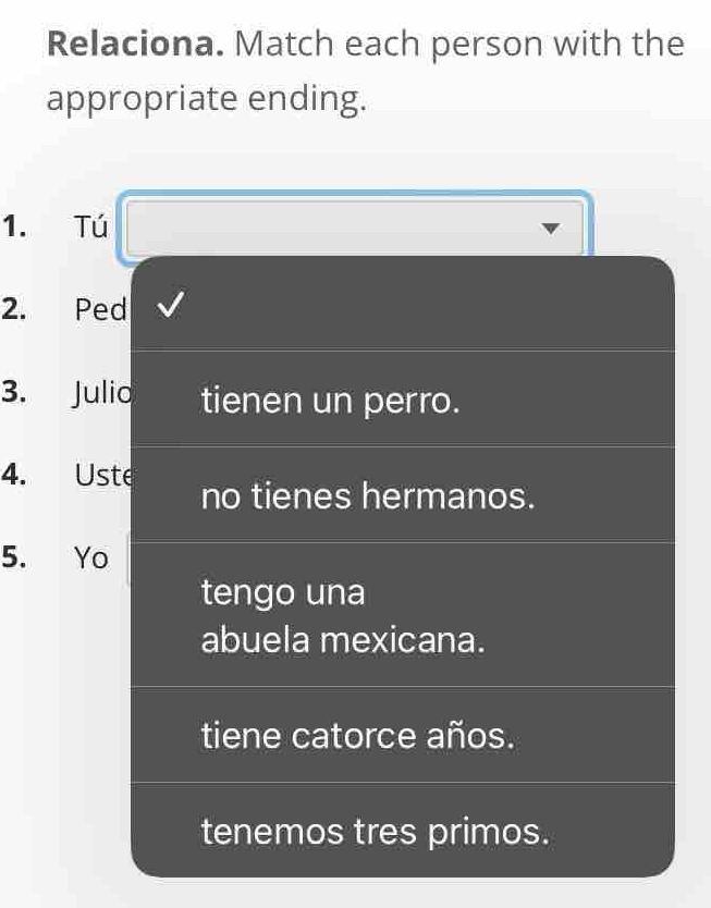 Relaciona. Match each person with the 
appropriate ending. 
1. Tú 
2. Ped 
3. Julio tienen un perro. 
4. Uste no tienes hermanos. 
5. Yo 
tengo una 
abuela mexicana. 
tiene catorce años. 
tenemos tres primos.