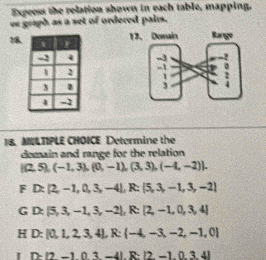 Express the relation shown in each table, mapping.
er graph as a set of ordered pair.
18.17
18. MULTIPLE CHOICE Determine the
domain and range for the relation
 (2,5), (-1,3),(0,-1),(3,3),(-4,-2).
F D: 2,-1,0,3,-4 , R:  5,3,-1,3,-2
G D: 5,3,-1,3,-2 R: [2,-1,0,3,4]
□ □ , 1
D: 0,1,2,3,4 , R: -4,-3,-2,-1,0
I beginarrayr 30°encloselongdiv 16 hline □ endarray D= 2-1,0,3,-4. R: 2,-1,0,3,4