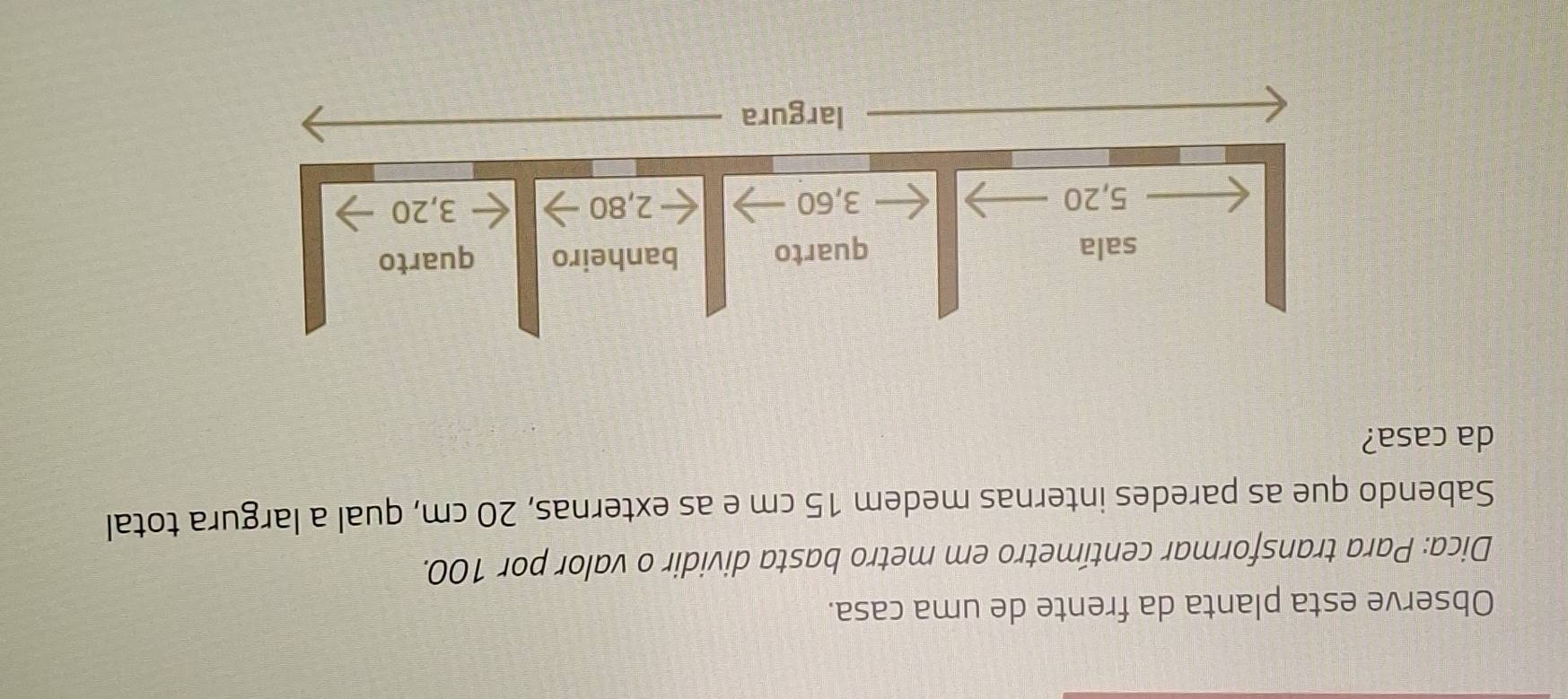 Observe esta planta da frente de uma casa.
Dica: Para transformar centímetro em metro basta dividir o valor por 100.
Sabendo que as paredes internas medem 15 cm e as externas, 20 cm, qual a largura total
da casa?
sala quarto banheiro quarto
5, 20 3, 60 2, 80 3, 20
largura