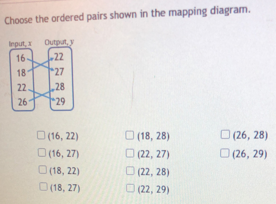 Choose the ordered pairs shown in the mapping diagram.
(16,22)
(18,28)
(26,28)
(16,27)
(22,27)
(26,29)
(18,22)
(22,28)
(18,27)
(22,29)