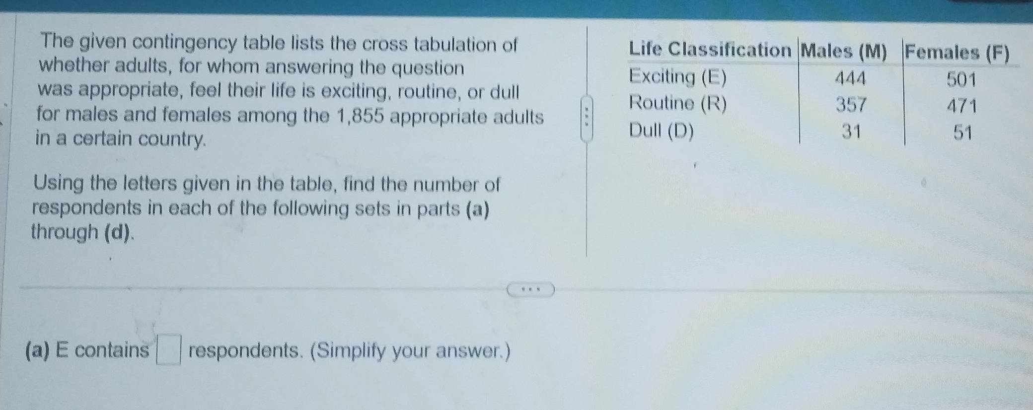 The given contingency table lists the cross tabulation of 
whether adults, for whom answering the question 
was appropriate, feel their life is exciting, routine, or dull 
for males and females among the 1,855 appropriate adults 
in a certain country. 
Using the letters given in the table, find the number of 
respondents in each of the following sets in parts (a) 
through (d). 
(a) E contains □ respondents. (Simplify your answer.)