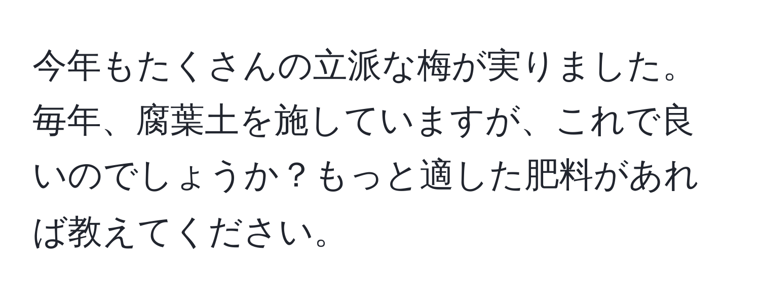 今年もたくさんの立派な梅が実りました。毎年、腐葉土を施していますが、これで良いのでしょうか？もっと適した肥料があれば教えてください。