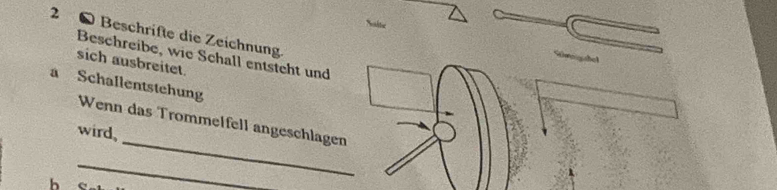 Salte 
2 * Beschrifte die Zeichnung. 
Beschreibe, wie Schall entsteht und 
sich ausbreitet. 
a Schallentstehung 
_ 
Wenn das Trommelfell angeschlagen 
wird, 
b 
_