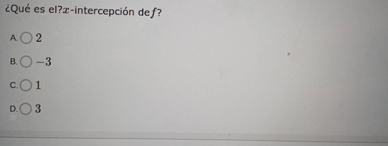 ¿Qué es el? x -intercepción def?
A. 2
B. -3
C. 1
D. 3