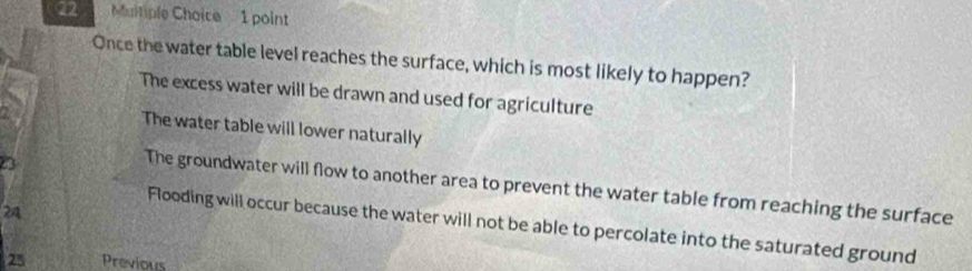 Muitiple Choice 1 point
Once the water table level reaches the surface, which is most likely to happen?
The excess water will be drawn and used for agriculture
The water table will lower naturally
23
The groundwater will flow to another area to prevent the water table from reaching the surface
24
Flooding will occur because the water will not be able to percolate into the saturated ground
25 Previous