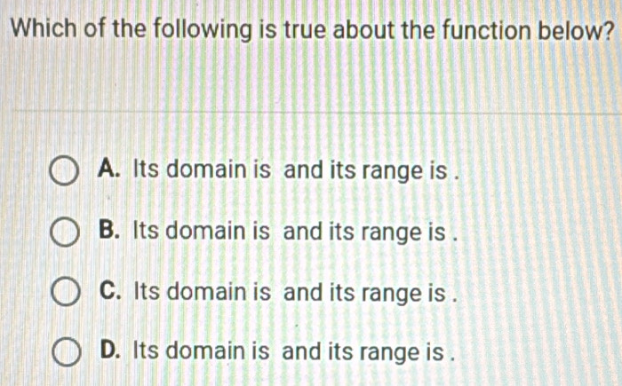 Which of the following is true about the function below?
A. Its domain is and its range is .
B. Its domain is and its range is .
C. Its domain is and its range is .
D. Its domain is and its range is .