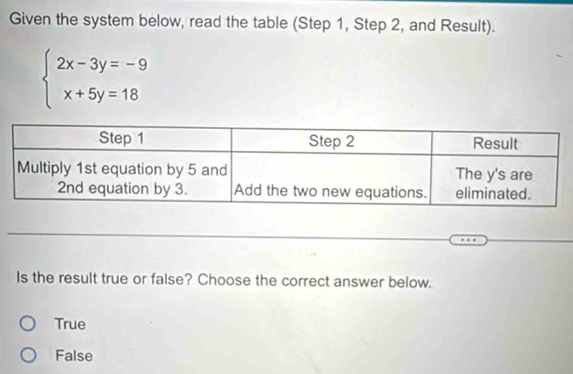 Given the system below, read the table (Step 1, Step 2, and Result).
beginarrayl 2x-3y=-9 x+5y=18endarray.
Is the result true or false? Choose the correct answer below.
True
False