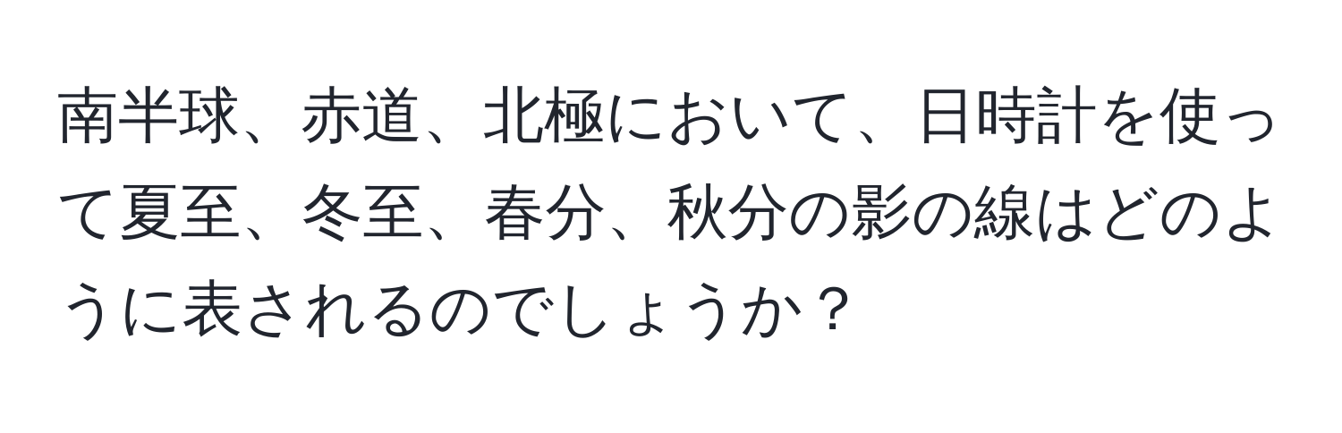 南半球、赤道、北極において、日時計を使って夏至、冬至、春分、秋分の影の線はどのように表されるのでしょうか？