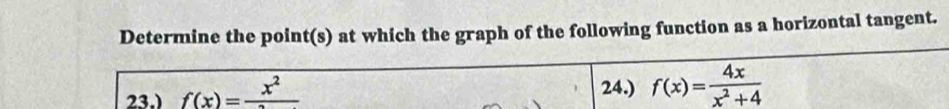 Determine the point(s) at which the graph of the following function as a horizontal tangent. 
23.) f(x)=frac x^2
24.) f(x)= 4x/x^2+4 