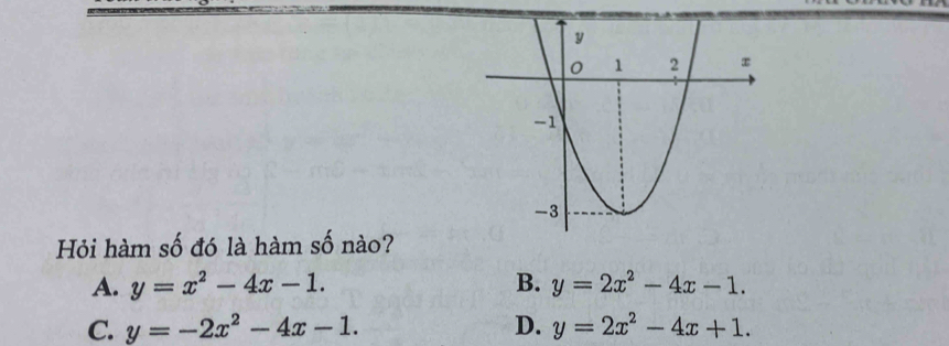 Hỏi hàm số đó là hàm số nào?
A. y=x^2-4x-1. B. y=2x^2-4x-1.
C. y=-2x^2-4x-1. D. y=2x^2-4x+1.