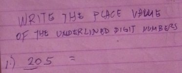 WRITE THE PCACE VDUUE 
OF THE OKOERL,NED DIGIT NUMBERS 
1 _ 205=