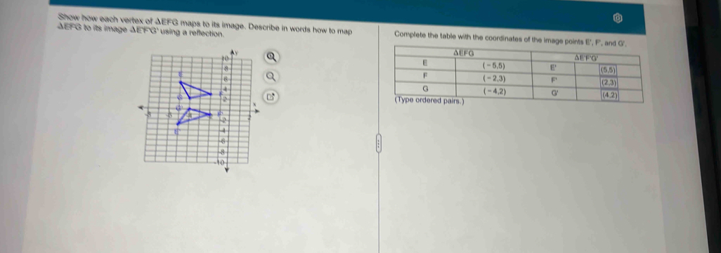 ΔEFG to its image △ EFG using a reflection.
Show how each vertex of △ EFG maps to its image. Describe in words how to map Complete the table with the coordinates of the ima