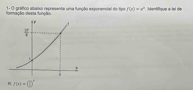 1- O gráfico abaixo representa uma função exponencial do tipo f(x)=a^x. Identifique a lei de
formação desta função.
R: f(x)=( 3/2 )^x