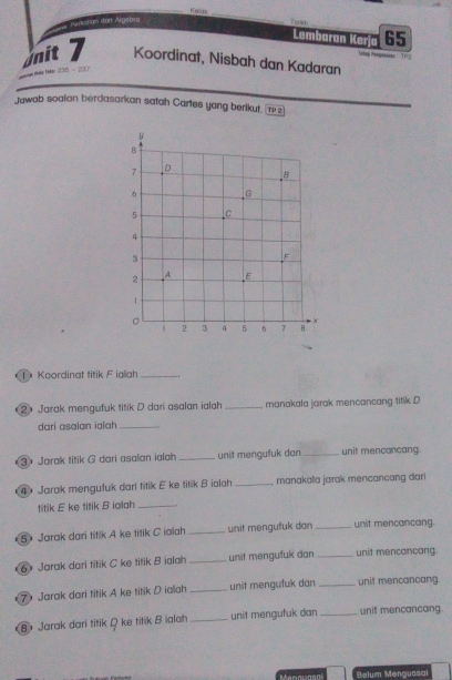Kelus Tonch 
_ 
Purkolan der Algebro 
Lembaran Kerïa 
Tetup Panynessse : 112
nit 7 Koordinat, Nisbah dan Kadaran 
e m r 135 - 27 65
Jawab soaian berdasarkan satah Cartes yang berikut. æ 
1 Koordinat titik F iallah_ 
② Jarak mengufuk titik D dari asalan ialah _manakala jarak mencancang titik D
dari asalan ialah_ 
3 Jarak titik G dari asalan ialah _unit mengufuk dan _unit mencancang. 
4 Jarak mengufuk dari titik E ke titik B ialah _, manakalia jarak mencancang dari 
titik E ke titik B ialah_ 
5 Jarak dari titik A ke titik C ialah _unit mengufuk dan _unit mencancang. 
6 Jarak dari titik C ke titik B ialah _unit mengufuk dan _unit mencancang. 
⑦ Jarak dari titik A ke titik D ialah _unit mengufuk dan _unit mencancang. 
8 Jarak dari titik ( ke titik B ialah _unit mengufuk dan _unit mencancang. 
Belum Menguasai