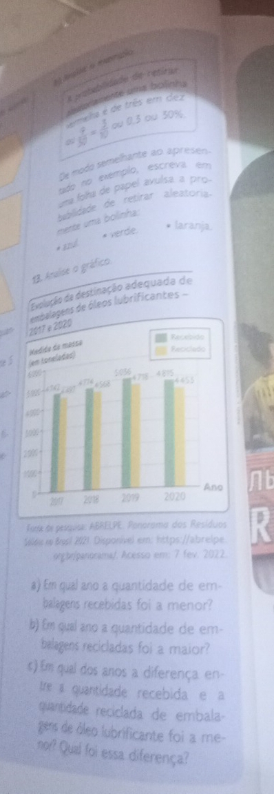 a probablidade de retirae 
aoriemente une bclinha 
mwha é de três em dex
 9/30 = 3/10  ou 0.3 ou 30%. 
De modo semelhante ao apresén 
tado no exemplo, escreva, em 
uma folta de papel avulsa a pro 
bablidade de retirar aleasoria 
mente uma bolinha: 
* verde. laranja. 
* BIÁ 
13. Analise o gráfico 
Evolução da destinação adequada de 
embalagens de óleos lubrificantes - 
as 
a 
Tonk de pesquse: ABRELPE. Ponorama dos Resíduos 
Sélée & Bosl 2021. Disponível em: https://abrelpe. 
orgar/panorama/. Acesso em: 7 fev. 2022. 
a) Em qual ano a quantidade de er- 
balagens recebidas foi a menor? 
b) fm qual ano a quantidade de em- 
balagens recicladas foi a maior? 
s) Em qual dos anos a diferença en- 
tre a quantidade recebida e a 
quantidade reciclada de embala- 
gers de óleo lubrificante foi a me- 
nor? Qual foi essa diferença?