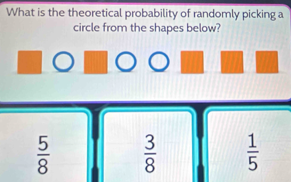 What is the theoretical probability of randomly picking a
circle from the shapes below?
 5/8 
 3/8 
 1/5 