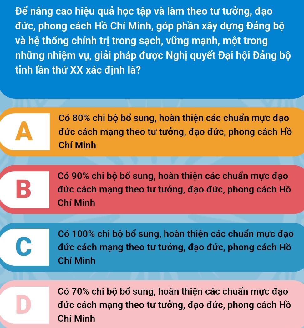 Để nâng cao hiệu quả học tập và làm theo tư tưởng, đạo
đức, phong cách Hồ Chí Minh, góp phần xây dựng Đảng bộ
và hệ thống chính trị trong sạch, vững mạnh, một trong
những nhiệm vụ, giải pháp được Nghị quyết Đại hội Đảng bộ
tỉnh lần thứ XX xác định là?
Có 80% chi bộ bổ sung, hoàn thiện các chuẩn mực đạo
A đức cách mạng theo tư tưởng, đạo đức, phong cách Hồ
Chí Minh
Có 90% chi bộ bổ sung, hoàn thiện các chuẩn mực đạo
B đức cách mạng theo tư tưởng, đạo đức, phong cách Hồ
Chí Minh
Có 100% chi bộ bổ sung, hoàn thiện các chuẩn mực đạo
C đức cách mạng theo tư tưởng, đạo đức, phong cách Hồ
Chí Minh
Có 70% chi bộ bổ sung, hoàn thiện các chuẩn mực đạo
1 đức cách mạng theo tư tưởng, đạo đức, phong cách Hồ
Chí Minh