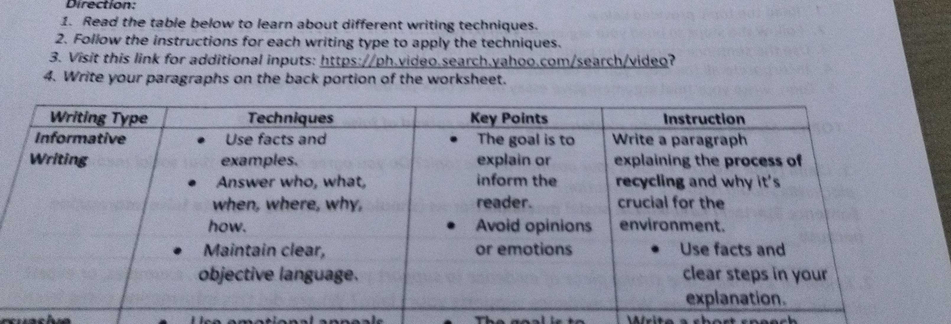 Direction: 
1. Read the table below to learn about different writing techniques. 
2. Follow the instructions for each writing type to apply the techniques. 
3. Visit this link for additional inputs: https://ph.video.search.yahoo.com/search/video? 
4. Write your paragraphs on the back portion of the worksheet. 
chú Mrita