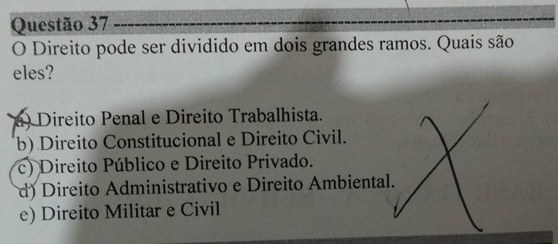 Direito pode ser dividido em dois grandes ramos. Quais são
eles?
a) Direito Penal e Direito Trabalhista.
b) Direito Constitucional e Direito Civil.
c) Direito Público e Direito Privado.
d) Direito Administrativo e Direito Ambienta
e) Direito Militar e Civil