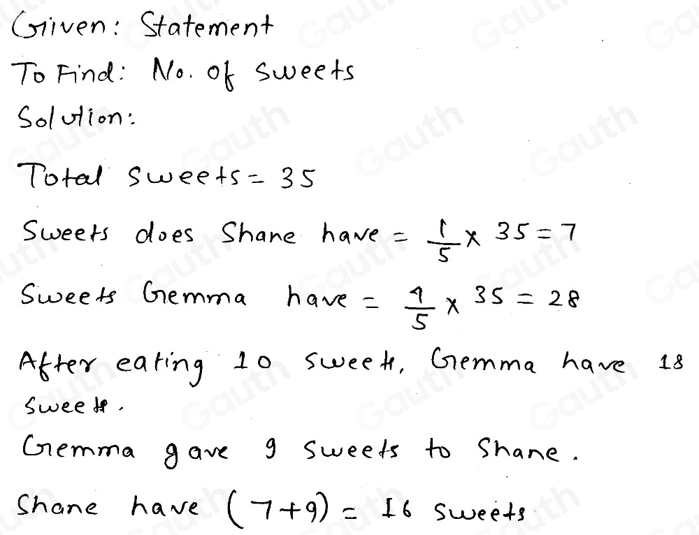 Solved: Shane and Gemma share 35 sweets in the ratio 1:4 Gemma eats 10 ...