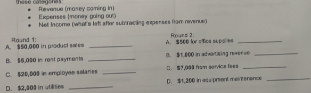 these categones: 
Revenue (money coming in) 
Expenses (money going out) 
Net Income (what's left after subtracting expenses from revenue) 
Round 1: Round 2: 
A. $50,000 in product sales _A. $500 for office supplies_ 
B. $5,000 in rent payments _B. $1,000 in advertising revenue_ 
C. $20,000 in employee salaries _C. $7,000 from service fees_ 
D. $2,000 in utilities _D. $1,200 in equipment maintenance_