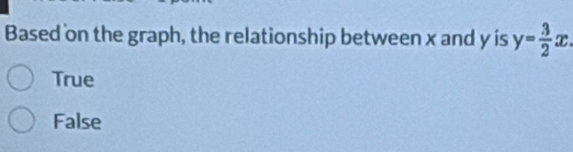 Based on the graph, the relationship between x and y is y= 3/2 x.
True
False