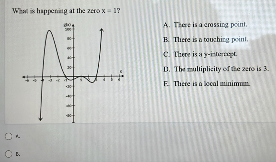 What is happening at the zero x=1
A. There is a crossing point.
B. There is a touching point.
C. There is a y-intercept.
D. The multiplicity of the zero is 3.
E. There is a local minimum.
A.
B.