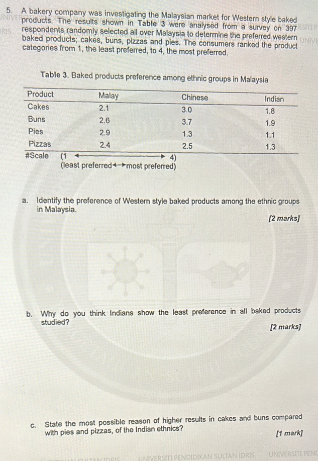 A bakery company was investigating the Malaysian market for Western style baked 
products. The results shown in Table 3 were analysed from a survey on 397
respondents randomly selected all over Malaysia to determine the preferred western 
baked products; cakes, buns, pizzas and pies. The consumers ranked the product 
categories from 1, the least preferred, to 4, the most preferred. 
Table 3. Baked products preference among ethnic groups in Malaysia 
(least preferred most preferred) 
a. Identify the preference of Western style baked products among the ethnic groups 
in Malaysia. 
[2 marks] 
b. Why do you think Indians show the least preference in all baked products 
studied? 
[2 marks] 
c. State the most possible reason of higher results in cakes and buns compared 
with pies and pizzas, of the Indian ethnics? [1 mark] 
UNIVERSITI PENDIDIKAN SULTAN IDRIS UNIVERSITI PENO