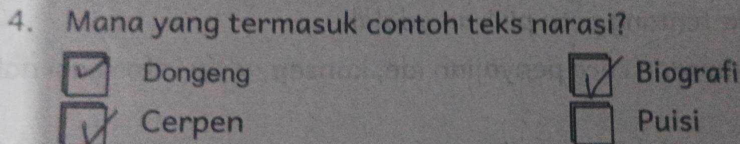 Mana yang termasuk contoh teks narasi?
Dongeng Biografi
Cerpen Puisi