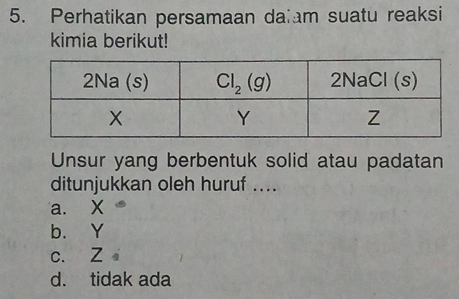 Perhatikan persamaan daiam suatu reaksi
kimia berikut!
Unsur yang berbentuk solid atau padatan
ditunjukkan oleh huruf ....
a. X
b. Y
c. Z
d. tidak ada