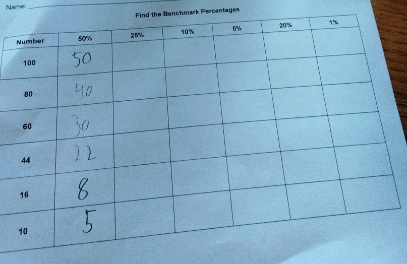 Name: 
_ 
enchmark Percentages