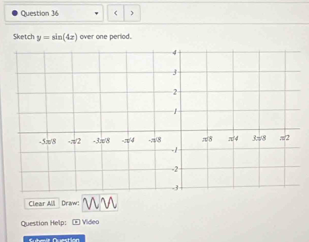 < 
Sketch  y=sin (4x) over one period. 
Clear All Draw: 
Question Help: Video 
Submit Questión