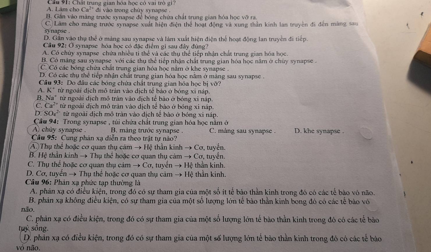 Cầu 91: Chất trung gian hóa học có vai trò gì?
A. Làm cho Ca^(2+) di vào trong chùy synapse .
B. Gắn vào màng trước synapse để bóng chứa chất trung gian hóa học vỡ ra.
C.)Làm cho màng trước synapse xuất hiện điện thể hoạt động và xung thần kính lan truyền đi đến màng sau
synapse .
D. Gắn vào thụ thể ở màng sau synapse và làm xuất hiện điện thế hoạt động lan truyền đi tiếp.
Câu 92: Ở synapse hóa học có đặc điểm gì sau đây đúng?
A. Có chùy synapse chứa nhiều ti thể và các thụ thể tiếp nhận chất trung gian hóa học.
B. Có màng sau synapse với các thụ thể tiếp nhận chất trung gian hóa học nằm ở chùy synapse .
C. Có các bóng chứa chất trung gian hóa học nằm ở khe synapse .
D. Có các thụ thể tiếp nhận chất trung gian hóa học nằm ở màng sau synapse .
Câu 93: Do đâu các bóng chứa chất trung gian hóa học bị vỡ?
A. K^+ * từ ngoài dịch mô tràn vào dịch tế bào ở bóng xi náp.
B. Na^+ từ ngoài dịch mô tràn vào dịch tế bào ở bóng xi náp.
C. Ca^(2+) từ ngoài dịch mô tràn vào dịch tế bào ở bóng xi náp.
D. SO_4^(2-) từ ngoài dịch mô tràn vào dịch tế bào ở bóng xi náp.
Câu 94: Trong synapse , túi chứa chất trung gian hóa học nằm ở
A chùy synapse . B. màng trước synapse . C. màng sau synapse . D. khe synapse .
Câu 95: Cung phản xạ diễn ra theo trật tự nào?
(A.)Thụ thể hoặc cơ quan thụ cảm → Hệ thần kinh → Cơ, tuyến.
B. Hệ thần kinh → Thụ thể hoặc cơ quan thụ cảm → Cơ, tuyến.
C. Thụ thể hoặc cơ quan thụ cảm → Cơ, tuyến → Hệ thần kinh.
D. Cơ, tuyến → Thụ thể hoặc cơ quan thụ cảm → Hệ thần kinh.
Câu 96: Phản xạ phức tạp thường là
A. phản xạ có điều kiện, trong đó có sự tham gia của một số ít tế bào thần kinh trong đó có các tế bào vỏ não.
B. phản xạ không điều kiện, có sự tham gia của một số lượng lớn tế bào thần kinh bong đó có các tế bào vô
não.
C. phản xạ có điều kiện, trong đó có sự tham gia của một số lượng lớn tế bào thần kinh trong đó có các tế bào
tuỷ sống.
D. phản xạ có điều kiện, trong đó có sự tham gia của một số lượng lớn tế bào thần kinh trong đó có các tế bào
vỏ não.