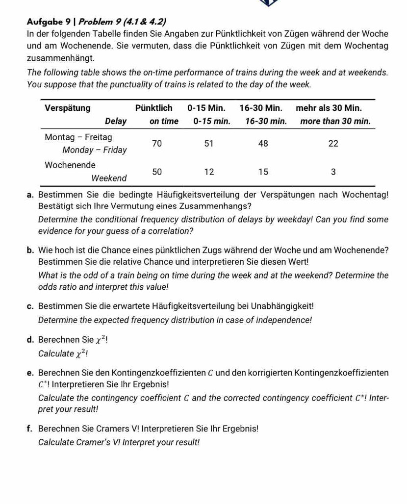 Aufgabe 9 | Problem 9 (4.1 & 4.2) 
In der folgenden Tabelle finden Sie Angaben zur Pünktlichkeit von Zügen während der Woche 
und am Wochenende. Sie vermuten, dass die Pünktlichkeit von Zügen mit dem Wochentag 
zusammenhängt. 
The following table shows the on-time performance of trains during the week and at weekends. 
You suppose that the punctuality of trains is related to the day of the week. 
a. Bestimmen Sie die bedingte Häufigkeitsverteilung der Verspätungen nach Wochentag! 
Bestätigt sich Ihre Vermutung eines Zusammenhangs? 
Determine the conditional frequency distribution of delays by weekday! Can you find some 
evidence for your guess of a correlation? 
b. Wie hoch ist die Chance eines pünktlichen Zugs während der Woche und am Wochenende? 
Bestimmen Sie die relative Chance und interpretieren Sie diesen Wert! 
What is the odd of a train being on time during the week and at the weekend? Determine the 
odds ratio and interpret this value! 
c. Bestimmen Sie die erwartete Häufigkeitsverteilung bei Unabhängigkeit! 
Determine the expected frequency distribution in case of independence! 
d. Berechnen Sie chi^2!
Calculate x^2
e. Berechnen Sie den Kontingenzkoeffizienten C und den korrigierten Kontingenzkoeffizienten
C^* *! Interpretieren Sie Ihr Ergebnis! 
Calculate the contingency coefficient C and the corrected contingency coefficient C^*! Inter- 
pret your result! 
f. Berechnen Sie Cramers V! Interpretieren Sie Ihr Ergebnis! 
Calculate Cramer’s V! Interpret your result!