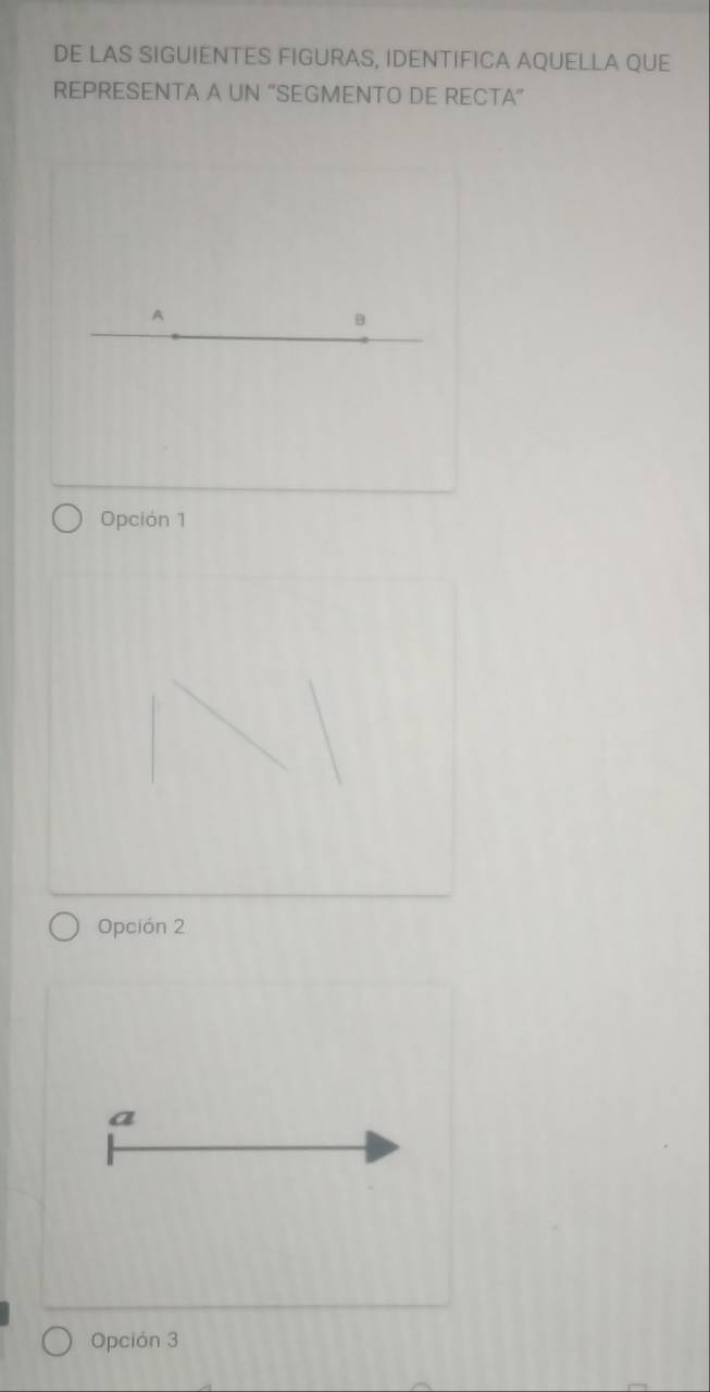 DE LAS SIGUIENTES FIGURAS, IDENTIFICA AQUELLA QUE
REPRESENTA A UN “SEGMENTO DE RECTA”
A
B
Opción 1
Opción 2
a
Opción 3