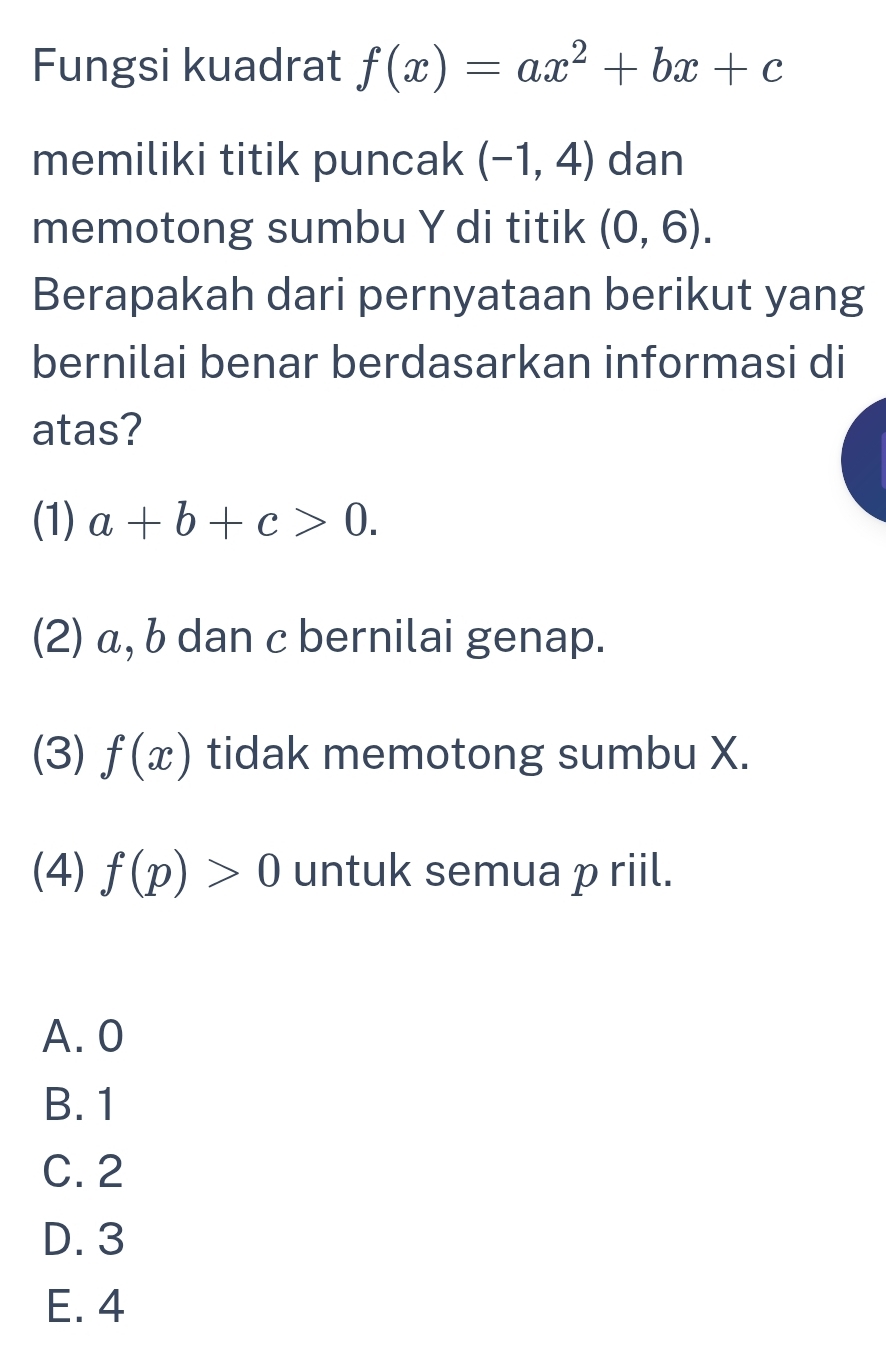 Fungsi kuadrat f(x)=ax^2+bx+c
memiliki titik puncak (-1,4) dan
memotong sumbu Y di titik (0,6). 
Berapakah dari pernyataan berikut yang
bernilai benar berdasarkan informasi di
atas?
(1) a+b+c>0.
(2) α, b dan c bernilai genap.
(3) f(x) tidak memotong sumbu X.
(4) f(p)>0 untuk semua p riil.
A. 0
B. 1
C. 2
D. 3
E. 4