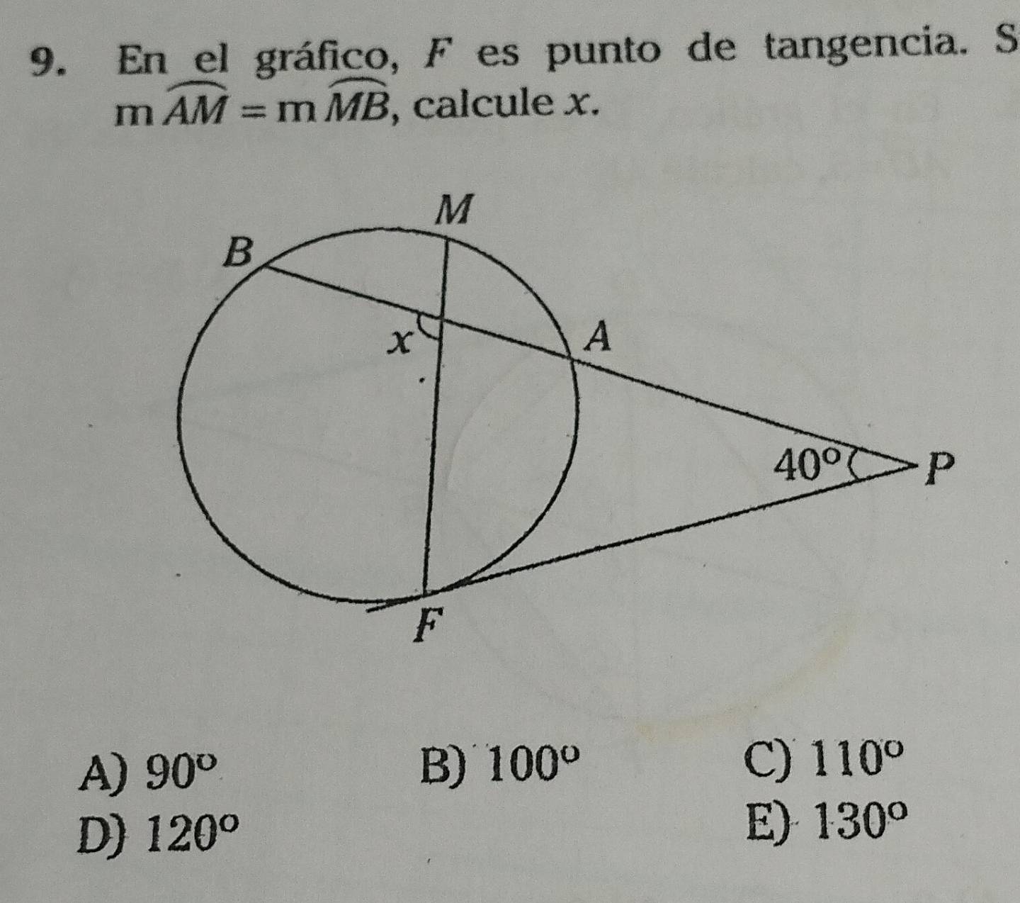 En el gráfico, F es punto de tangencia. S
mwidehat AM=mwidehat MB , calcule x.
A) 90^o B) 100° C) 110°
D) 120^o
E) 130°