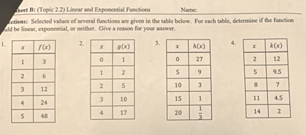 heet B: (Topic 2.2) Linear and Exponential Functions Name:
ections: Selected values of several functions are given in the table below. For each table, determine if the function
uld be linear, exponential, or neither. Give a reason for your answer.
2.
1.  3. 4.