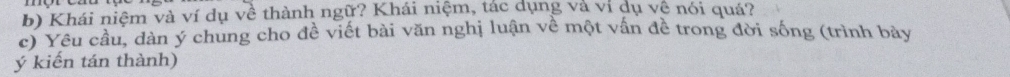 Khái niệm và ví dụ về thành ngữ? Khái niệm, tác dụng và ví dụ về nói quá? 
c) Yêu cầu, dàn ý chung cho đề viết bài văn nghị luận về một vấn đề trong đời sống (trình bày 
ý kiến tán thành)
