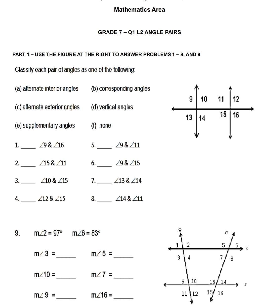 Solved: Mathematics Area GRADE 7 - Q1 L2 ANGLE PAIRS PART 1 - USE THE ...