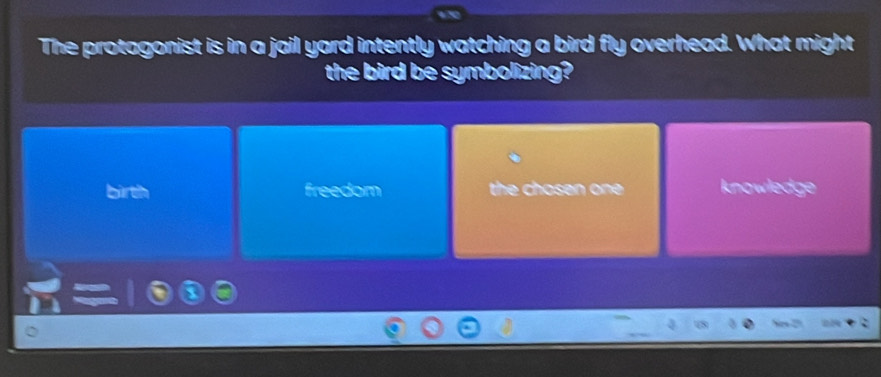 The protagonist is in a jail yard intently watching a bird fly overhead. What might
the bird be symbolizing?
birth freedom the chosen one knowledge